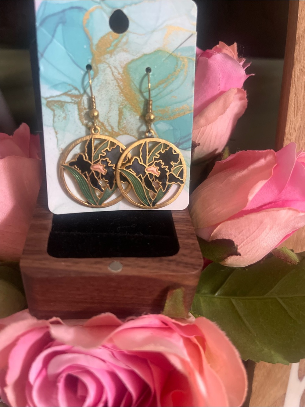 vintage 1980s cloisonné or enamel floral drop earrings